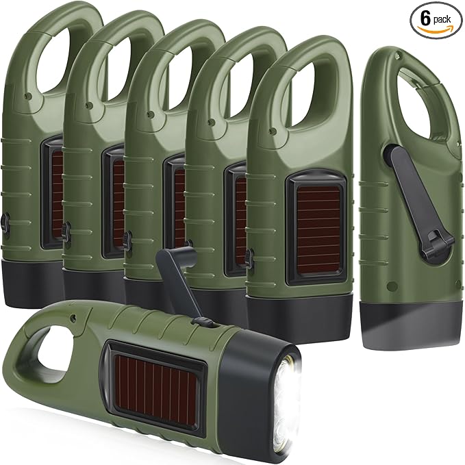 Mudder 6 Pcs Hand Crank Solar Powered Flashlights Emergency Rechargeable LED Handheld Flashlights for Survival Gear Outdoor Sports Camping Hiking Backpack Safety (Green)