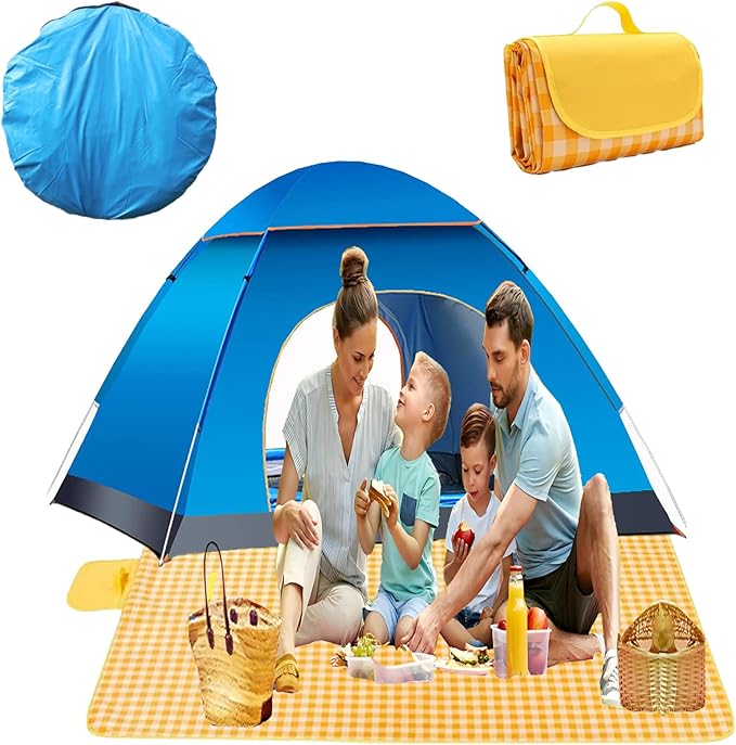 Pop Up Compact Camping Tent, Instant Pop Up Tent with Picnic Mat, Portable Automatic Waterproof Easy Setup Quick-Open Tent, Outdoor Camping Beach Travel