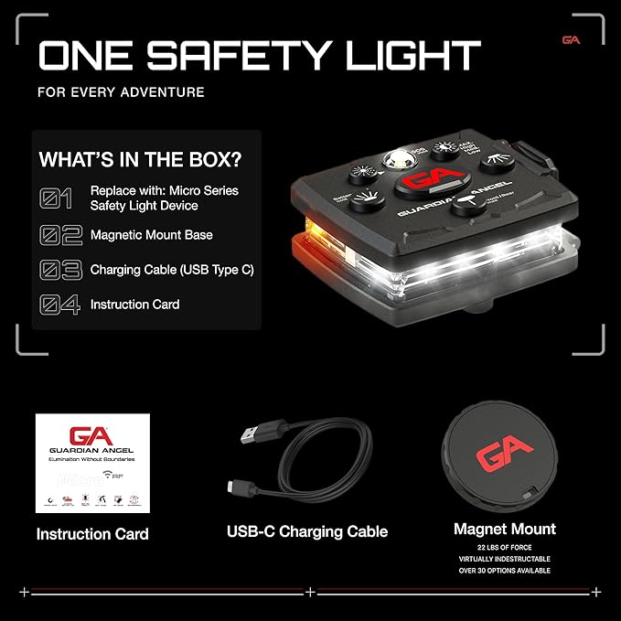 Guardian Angel Micro Series Safety Lights, (All White Front & Orange Rear) | Rechargeable, Magnetic & Hands-Free Wearable LED Flashlight for Dog Walking, Cycling, Hiking, Camping & Fishing