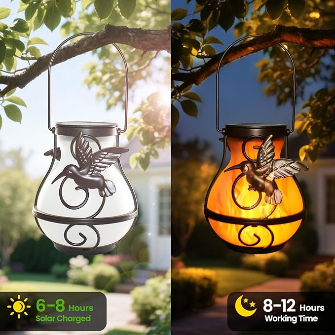 X-PREK 2 Pack Solar Lanterns Outdoor Waterproof Hummingbird Hanging Solar Lantern Flickering Flame Lights Solar Powered Lamps Garden Patio Porch Decoration(Plastics)