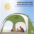 Beach Tent 12 X 12ft Large UPF50+ Pop Up Canopy with 2-Pcs Side Wall, Sun Shelter Rainproof, Waterproof for Camping Trips, Backyard Fun, Fishing, Parties, Or Picnics(Green)