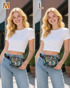 Capolo Fanny Packs for Women Fashion Waist Packs Bag with Adjustable Strap and 4 Zipper Pockets Waterproof Everywhere Crossbody Belt Bag for Workout Running Travelling(Blue Leaves)