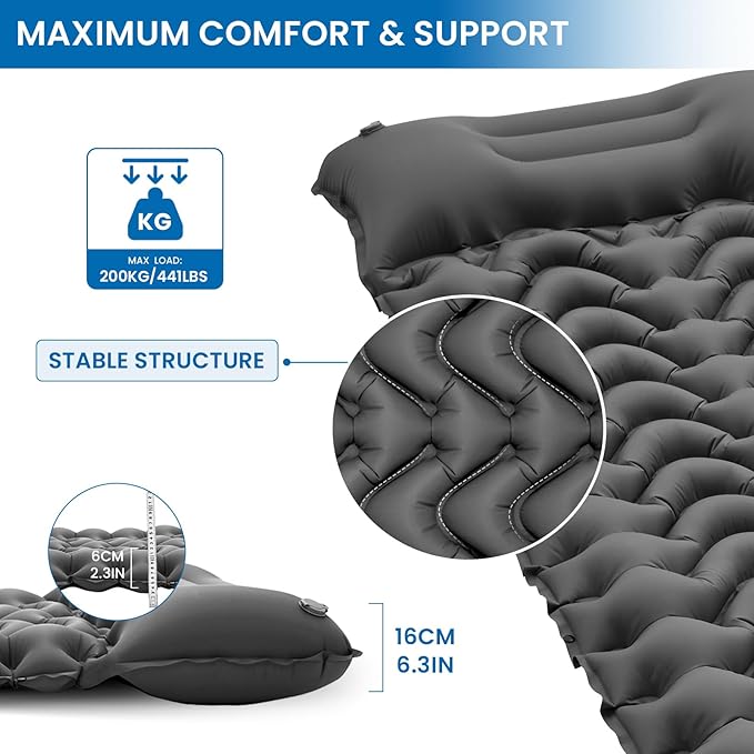 KingCamp Sleeping Pad for Camping, Ultralight Connectable Inflatable Sleeping Pad Camping Mattress with 6.3" Built-in Pillow & Foot Pump for Backpacking Hiking Tent Cot