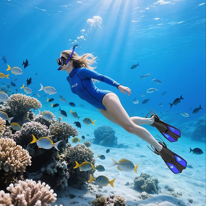 Snorkeling Gear for Adults Men Women, 3 in 1 Snorkel Set with Panoramic View Diving Mask Anti-Fog Anti-Leak, Snorkel Mask Dry Top Snorkel Fins for Swimming, Snorkeling and Travel Diving