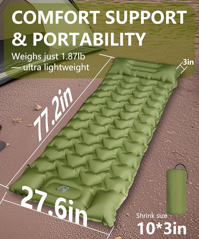 YOUXIU Camping Sleeping Pad, Extra Thickness 3'' Ultralight Inflatable Sleeping Mat with Built-in Foot Pump, Durable Compact Waterproof Camping Air Mattress for Tent,Backpacking,Hiking,Tent (Green)