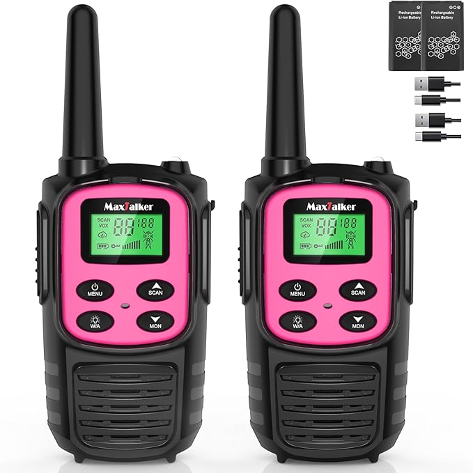 Walkie Talkies Long Range for Adult, MT10 Rechargeable Walkie Talkies FRS Two Way Radio, NOAA, 1200mAh Li-ion Battery USB-C Cable, LED Flashlight,VOX Walkie Talkie for Camping 2Pack (Pink)