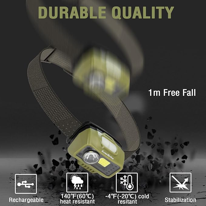 EverBrite Rechargeable Headlamp, LED Bright Motion Sensor Head Lamp Flashlight with 9 Modes, Adjustable Headlight for Adults with White Red Light, Water Resistant, Green, for Hiking, Running, Camping