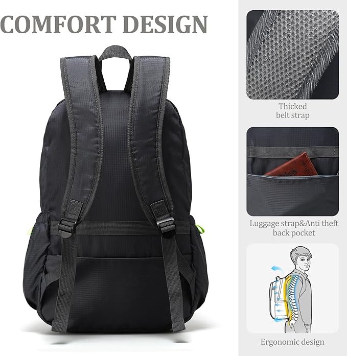 Lightweight Packable Travel Backpack, 30L Grey Daypack Hiking Backpack for Women Men, Waterproof and Foldable, Travel Backpack Carry on Flight Approved
