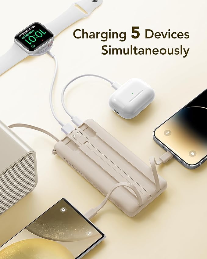 VRURC Portable Charger Power Bank,10000mAh Travel Essentials Battery Pack, 5 Outputs 2 Inputs Slim USB C Charging Bank Built-in Cables Cords Compatible with iPhone,Samsung,Android-Light Coffee(1 Pack)