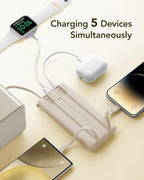 VRURC Portable Charger Power Bank,10000mAh Travel Essentials Battery Pack, 5 Outputs 2 Inputs Slim USB C Charging Bank Built-in Cables Cords Compatible with iPhone,Samsung,Android-Light Coffee(1 Pack)