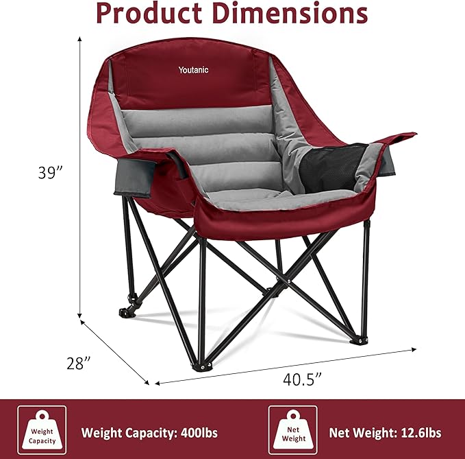 Oversized Camping Chair, Portable Folding Camping Chairs with Side Pocket, Cup Holder and Carry Bag, Heavy Duty Outdoor Camping Chairs for Adults, Fishing, Sports, Trip, up to 400lbs, Style 3