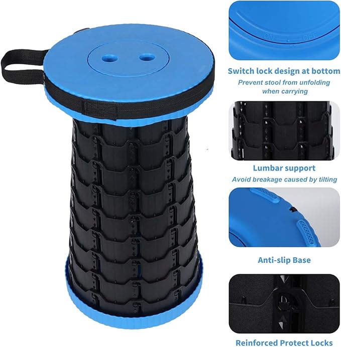 Upgraded Collapsible Stool, Folding Chair with Switch Lock - Prodable Camping Stool with Load Capacity 400lbs, Retractable Collapsible Stool for Camping Fishing Hiking