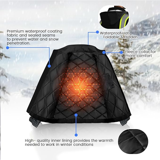 Hi Vis Rain Jackets, Reflective Safety Jacket with Pockets for Men& Women, Construction Coats for Cold Weather, Waterproof Rain Gear, Class 3, Black with Bottom, 4XL