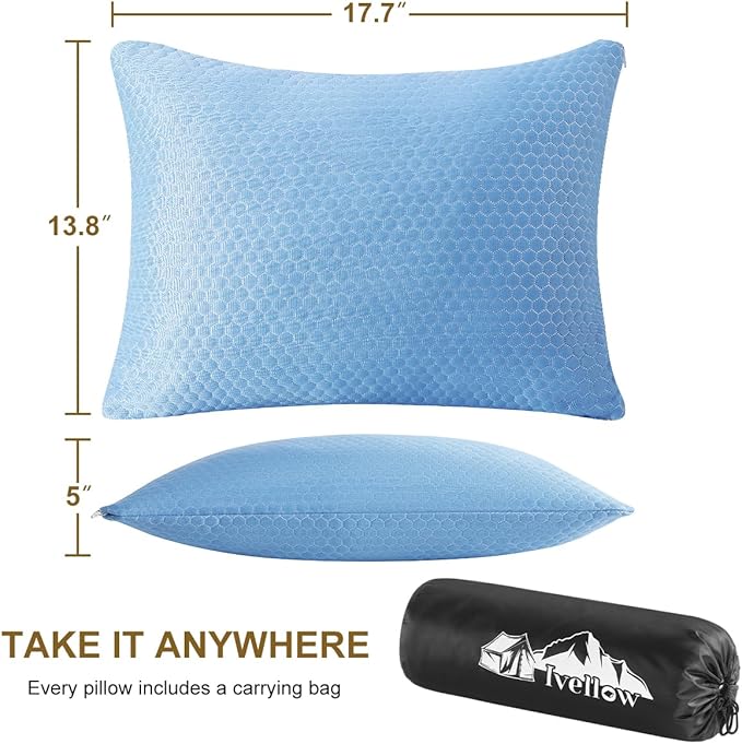 Ivellow Travel Pillow Cooling Camping Pillow for Sleeping Compressible Shredded Memory Foam Pillow Compact Firm Supportive Pillow for Adults Kids Outdoor Backpacking Hiking Essential Gear Blue S
