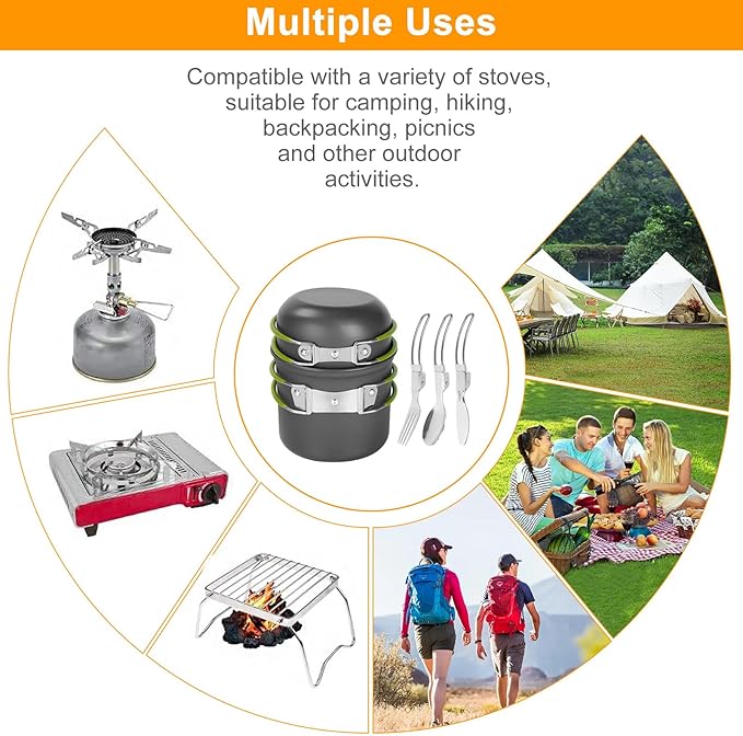 Camping Cookware Mess Kit Backpacking Pot Gear Camping Cooking Pots and Pans Set Camp Kitchen Equipment Accessories Green