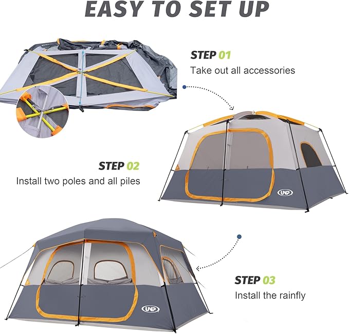 UNP 2/4/6/8 Person Tent, Portable Cabin Tent, Camping Tent 4-Person Easy Set Up, Waterproof with Top Rainfly for Outdoor Camping/Hiking