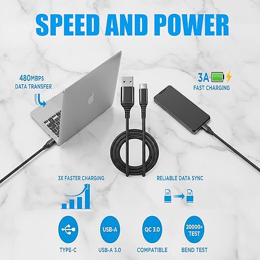 10-Pack USB Type-C Cables [3.3 ft / 1 m | 3A Fast Charge | Braided] – USB-A to USB-C Charger Cords, Compatible with iPhone 17/17 Pro/16e/16/15 Pro Max, Samsung Galaxy S25/S24/S23, Google Pixel 10/9/8