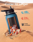 Coolflask Insulated Water Bottle with Strap, 40 oz Metal Water Flask with Straw & Spout Lids, Stainless Steel Double Wall Vacuum, Keep Cold 48h Hot 24h, Leak Proof & Non-BPA, Prussian Blue