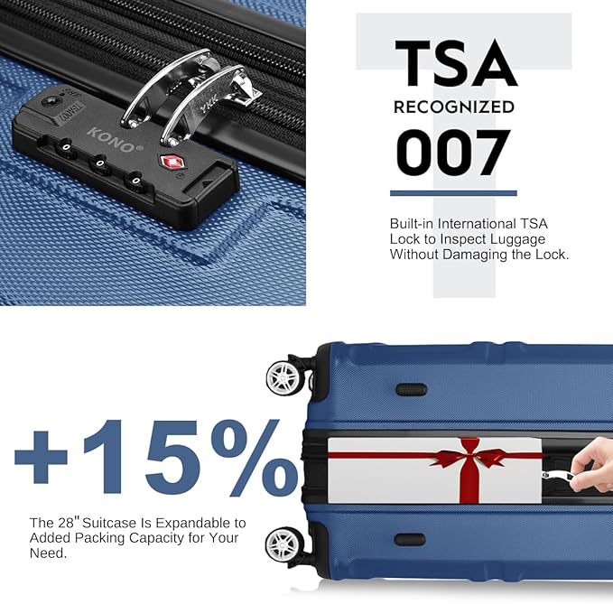 Kono 3 Piece Luggage Sets Expandable(only 28") Lightweight with Spinner Wheels TSA Lock Hardside Travel Rolling Suitcases 20in 24in 28in Carry on Navy