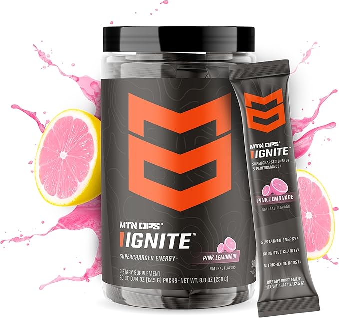 MTN OPS Ignite Trail Packs Energy Drink Powder, Gluten Free Nootropic Supplement Drink Mix, L Arginine, L Citrulline, Caffeine & Nootropic Sugar Free Drink Mix, 20 Servings, Pink Lemonade