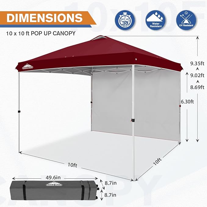 EAGLE PEAK Pop Up Canopy Tent with 1 Sidewall, Easy Setup Event Tent, Outdoor Sun Shade, Wheeled Carry Bag, Stakes and Guy Ropes, Instant Canopy 10x10, Burgundy