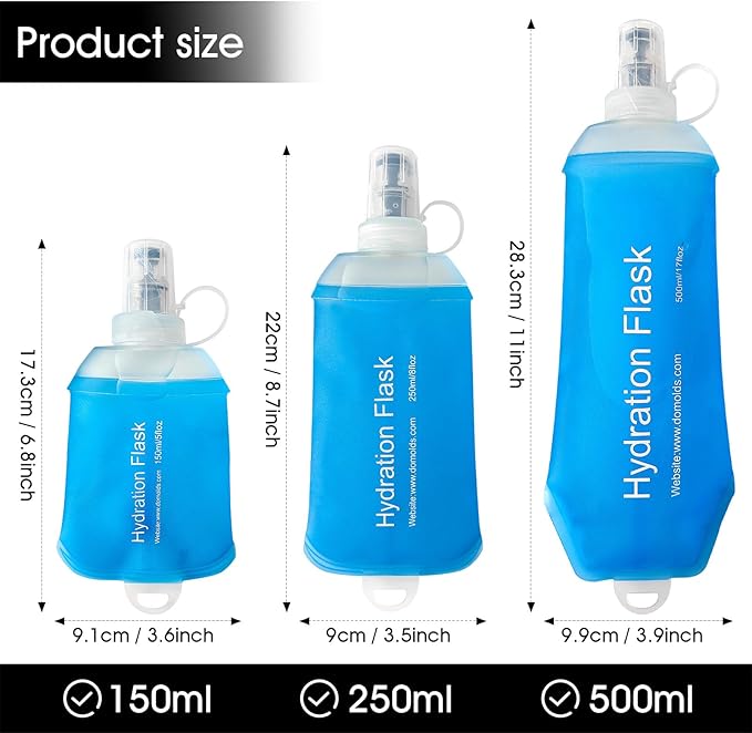 GYGYL Soft Flask, TPU Collapsible Soft Water Bottle for Hydration Pack, Running Vest, Leak-Proof Folding Water Bottle for Hiking Cycling Climbing Jogging-150ml Blue