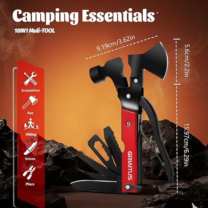 Multitool Camping Accessories Survival Gear, 18 in 1 Camping Kit with Axe Hammer Saw Screwdrivers Pliers Bottle Opener, Knife, Unique Birthday Gifts for Men Dad