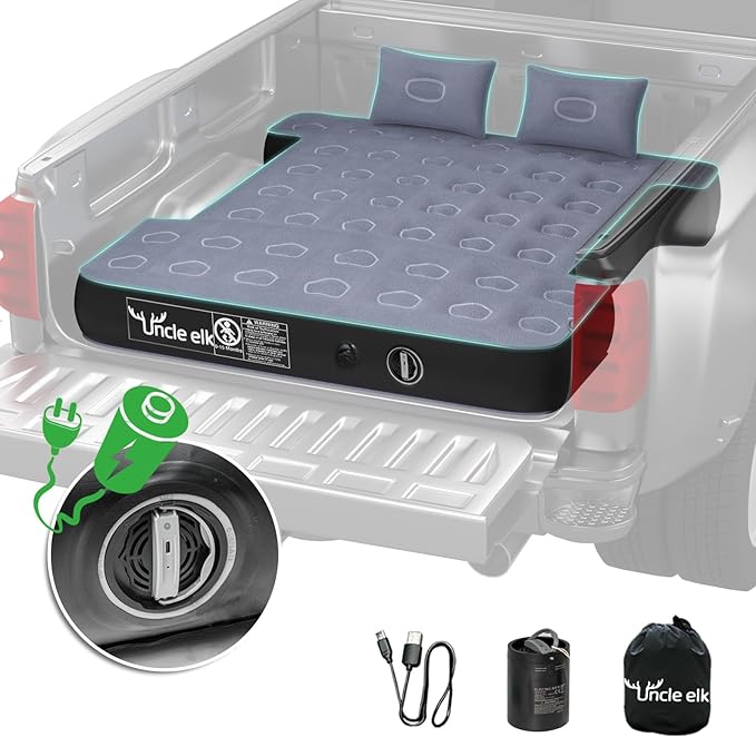 Truck Bed Mattress 5.5-5.8ft: Inflatable Full Size Truck Bed Air Mattress with Wireless Rechargeable Pump, Pickup Mattress with Carry Bag (Grey)