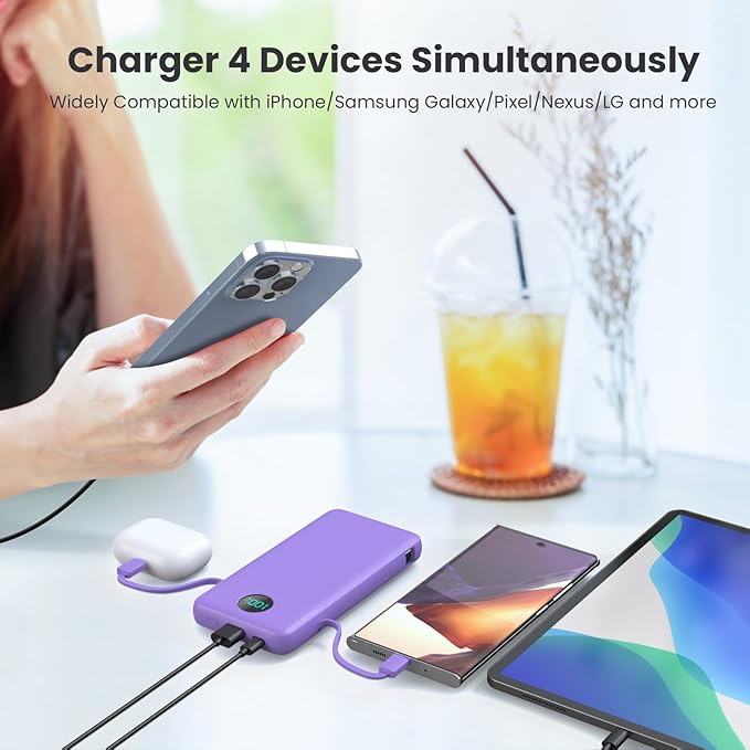 Portable Charger 13800mAh Slim USB C Power Bank with Built in Cables and Wall Plug,LCD Display Lightweight Travel Battery Pack,PD Fast Charging Compatible with iPhone 15,14,Samsung Android-Purple