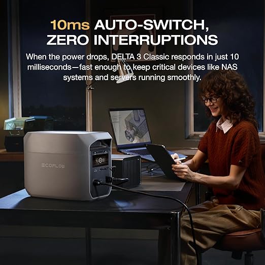 EF ECOFLOW Portable Power Station DELTA 3 Classic, 1024Wh LiFePO4 Battery, 1800W AC/100W USB-C Output, 1 Hr Fast Charge, Solar Generator for Home Backup, Camping & RVs (Solar Panel Optional)