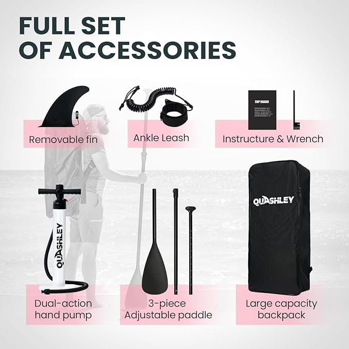 Quashley Inflatable Stand Up Paddle Board,10-11ft Inflatable Paddleboards 32/34 Inch Wide,All Around SUP for Beginners with Lightweight Paddle,Hand Pump,Backpack,Leash,Durable & Portable iSUP Board