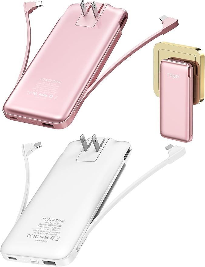 2-Pack 10000mAh Phone Portable Charger Power Bank, Built in 2 Cables and AC Wall Plug, Fast Slim USB C Charging Battery Pack Power Bank Compatible with iPhone, Android, White & Pink