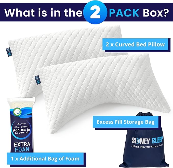 Sidney Sleep Set of 2 Queen Size Bed Pillows for Side and Back Sleepers - Adjustable Filling - Memory Foam Pillows for Neck and Shoulder Pain - Customizable Loft - Extra Foam Included (White)