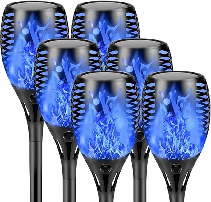 Upgraded Larger Solar Lights Outdoor, 6 Pack Flickering Flame Solar Torch Lights with Super Larger Size for Halloween Decor, Waterproof Solar Powered Outdoor Halloween Light for Yard Pathway (Blue)