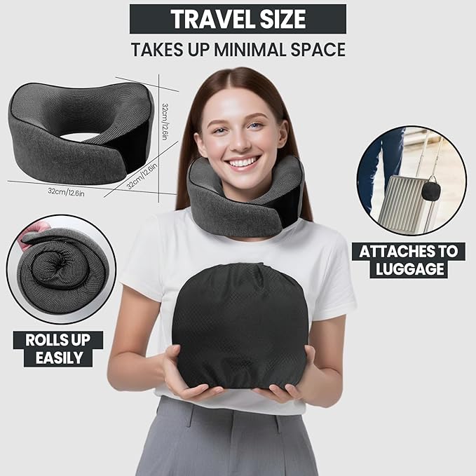 Travel Pillow, 100% Pure Memory Foam Travel Neck Pillow Airplane Neck Support Ergonomic Design for Traveling Suitable for Airplanes,Offices and Cars-Dark Grey