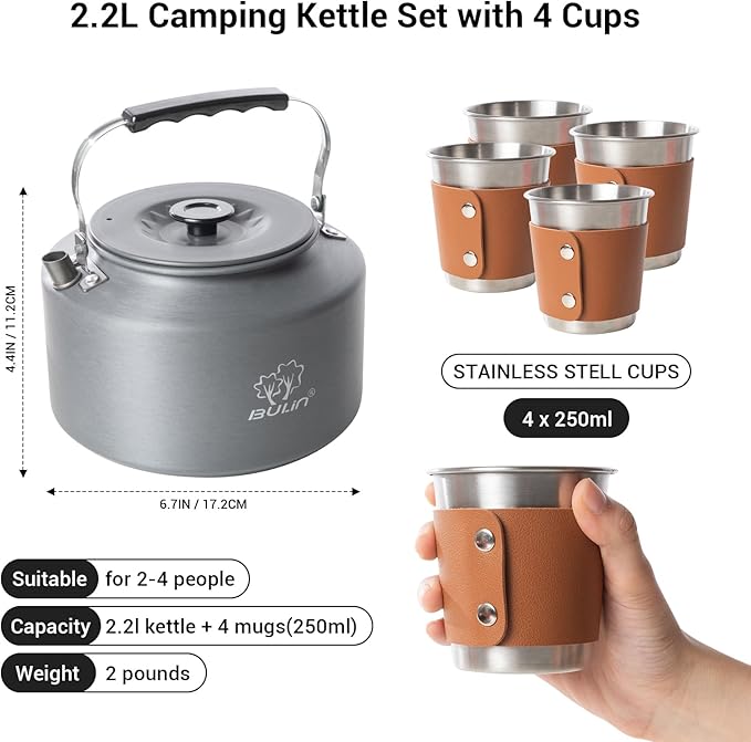 Bulin 2.2L Camping Kettle with 2&4 Stainless Steel Cups for Outdoor Camping Cookware Hiking Backpacking Kitchen Campfire and Picnic, Carrying Bag