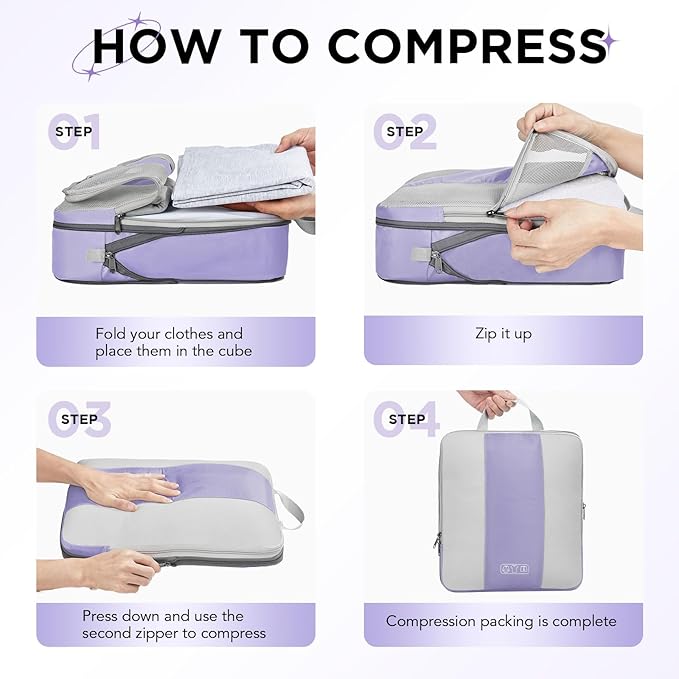 10 Set Compression Packing Cubes for Travel Essentials,Compressible Expandable Packing Cubes for Suitcase,OlarHike Luggage Organizer Bags for Travel,Handy Helper for Organizing Clothes(Purple Gray)
