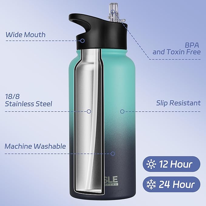 HASLE OUTFITTERS 32 oz Insulated Water Bottle Stainless Steel Double Walled Vacuum Sports Water Bottle with 2 Lids (Straw and Spout Lid) for Gym Camping Hiking(Green Blue Gradient,1)