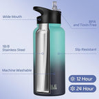 HASLE OUTFITTERS 32 oz Insulated Water Bottle Stainless Steel Double Walled Vacuum Sports Water Bottle with 2 Lids (Straw and Spout Lid) for Gym Camping Hiking(Green Blue Gradient,1)
