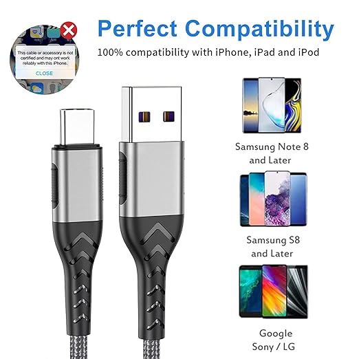 Durcord 16ft Fast Charging USB Type C Charging Cord Cable, Type C Charger Braided USB Cable Compatible with iPhone 15 Pro/Plus/Max/Android/Phone/Pad - Silver