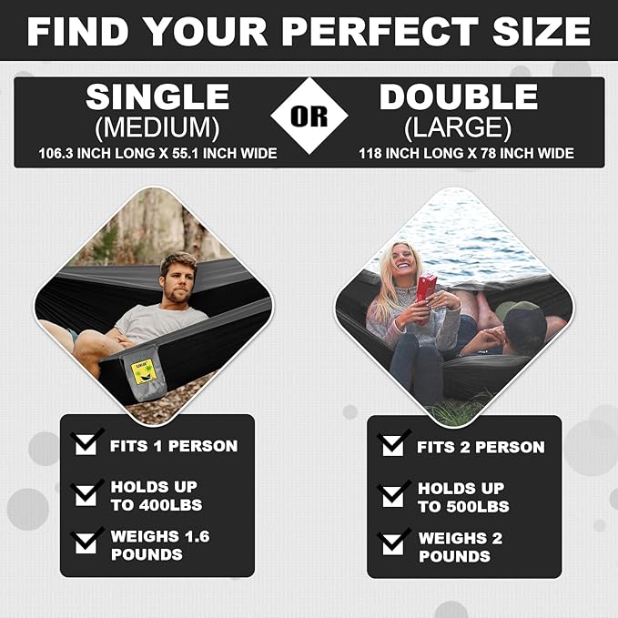 SZHLUX Camping Hammock Double & Single Portable Hammocks with 2 Tree Straps, Great for Hiking,Backpacking,Hunting,Outdoor,Beach,Camping,Black / Grey