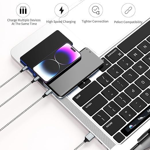 Multi Charging Cable(2Pack 4FT), Multiple Charger Cord Nylon Braided Charger Cord for Multiple Devices, 3 in 1 Charging Cable with Type-C/Micro USB and IP Port, Compatible with Most Phones and More