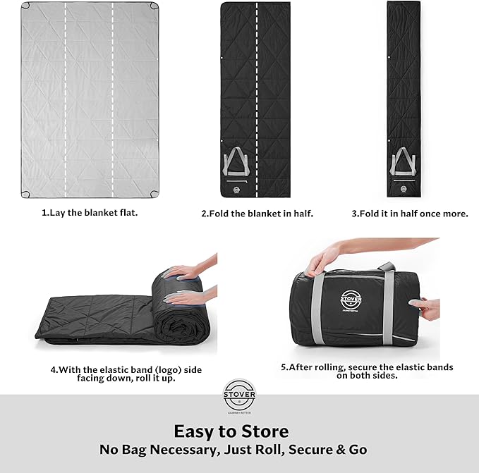 STOVER Waterproof Stadium Blanket – Portable Outdoor Camping Blanket for Travel, Picnics, or Sports – Warm, Windproof, Lightweight, and Packable (Onyx Black)