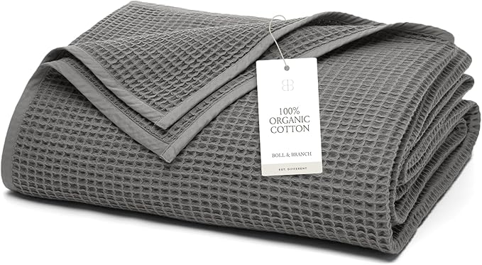 BOLL & BRANCH Waffle Bed Blanket - King/Cal King, Stone - Luxury 100% Organic Cotton - Soft, Lightweight and Breathable - Textured Waffle Weave Design