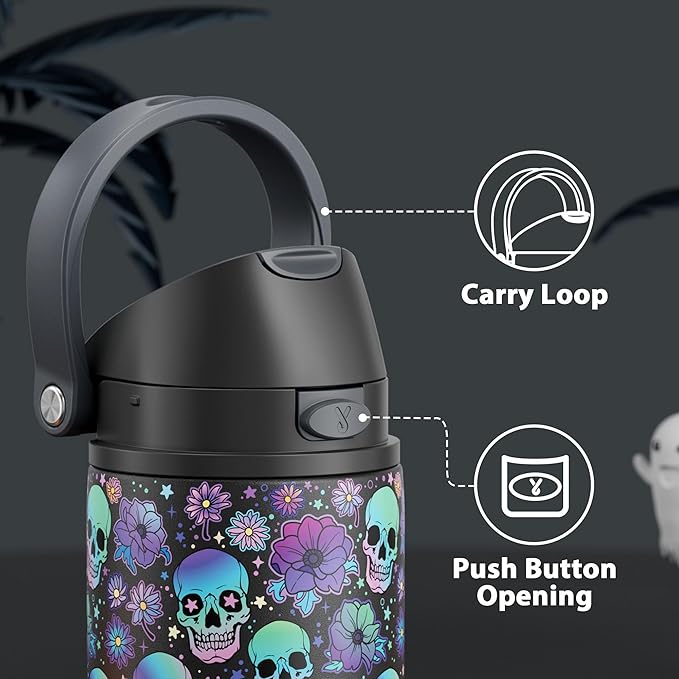 24 oz Halloween Insulated Water Bottle: Meoky Stainless Steel Water Bottle with 2-in-1 Straw and Spout Lid - Leak Proof, Fits in Car Cup Holder, Halloween Gifts for Women Men, Ghost Bloom