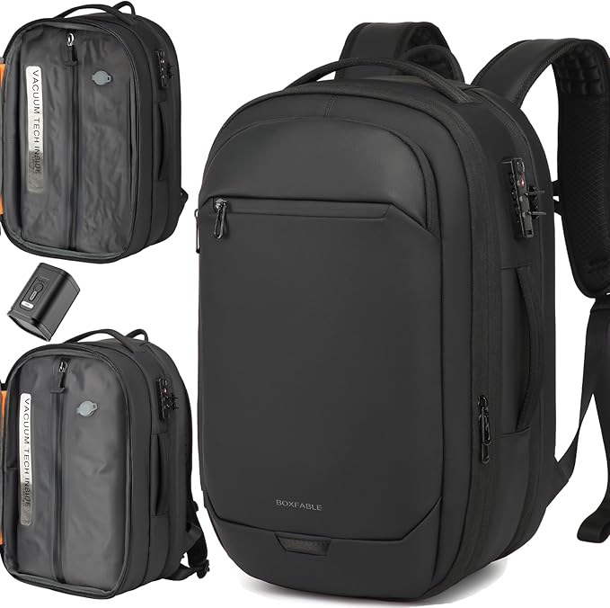 Vacuum Seal Travel Backpack 45L with Pump - Expandable Air Compression System, Water-Resistant Business TSA Lock, Laptop Backpack, Carry-On Suitcase Luggage, Gifts for Men
