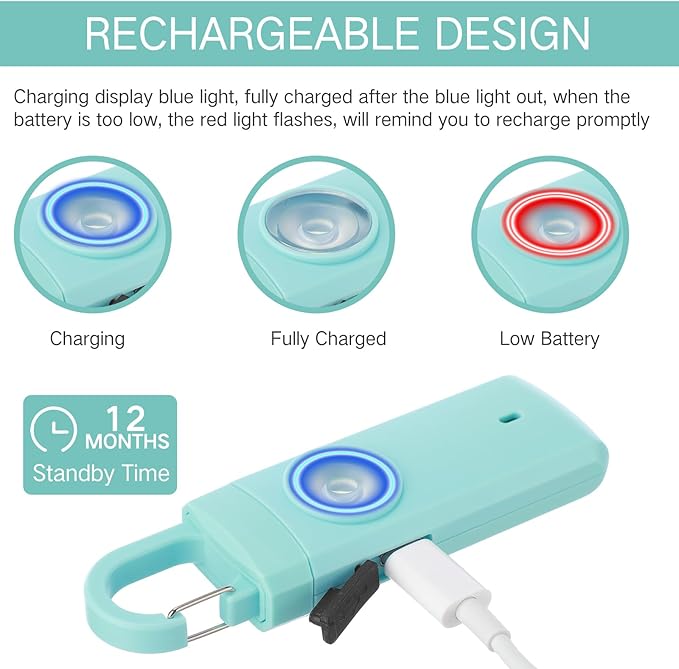 Tellegloww 6 Pcs Rechargeable Personal Safety Alarm for Women, 130db Personal Alarm Protection Keychains Loud Siren with LED Self Defense Keychain for Senior Mom Gift(White,Pink,Blue,Snap)