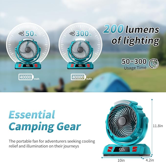 Camping LED Fan with Light, 40000mAh Rechargeable Battery Powered Outdoor Tent Fan with Light and Hook, 6 Speed, Personal USB Desk Fan for Camping, Fishing, Power Outage,Hurricane, Worksite