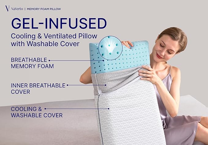 Vaverto King Size Gel Memory Foam Pillow: Ventilated, Orthopedic, Contoured Support, Cooling Design with Viscose Made from Bamboo Cover - Dorm Room Essential, Original White