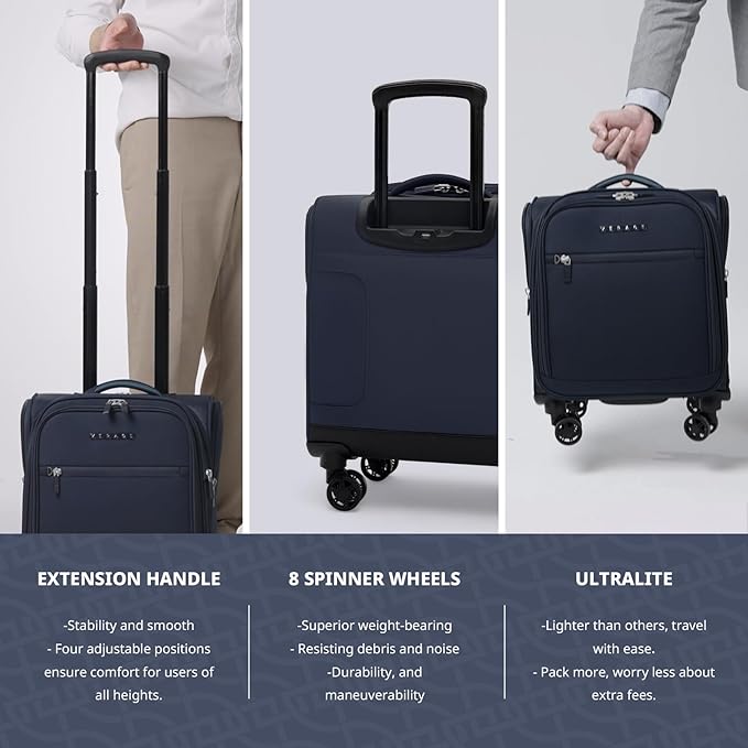 Verage Underseat Carry On Luggage with Wheels & USB Port,14 inch Wheeled Spinner Bag Carry-on Luggages for Airlines, Lightweight Suitcase Men Women, Pilots and Crew (14.5-Inch Plus Underseat Pro)